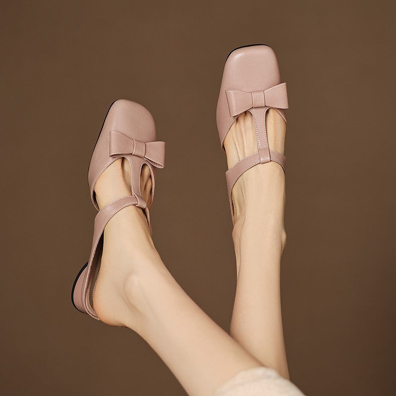 French T-Strap Bowknot Open-Toe Half Slippers Women Sweet Outdoor Backless Sandals Fashion Match