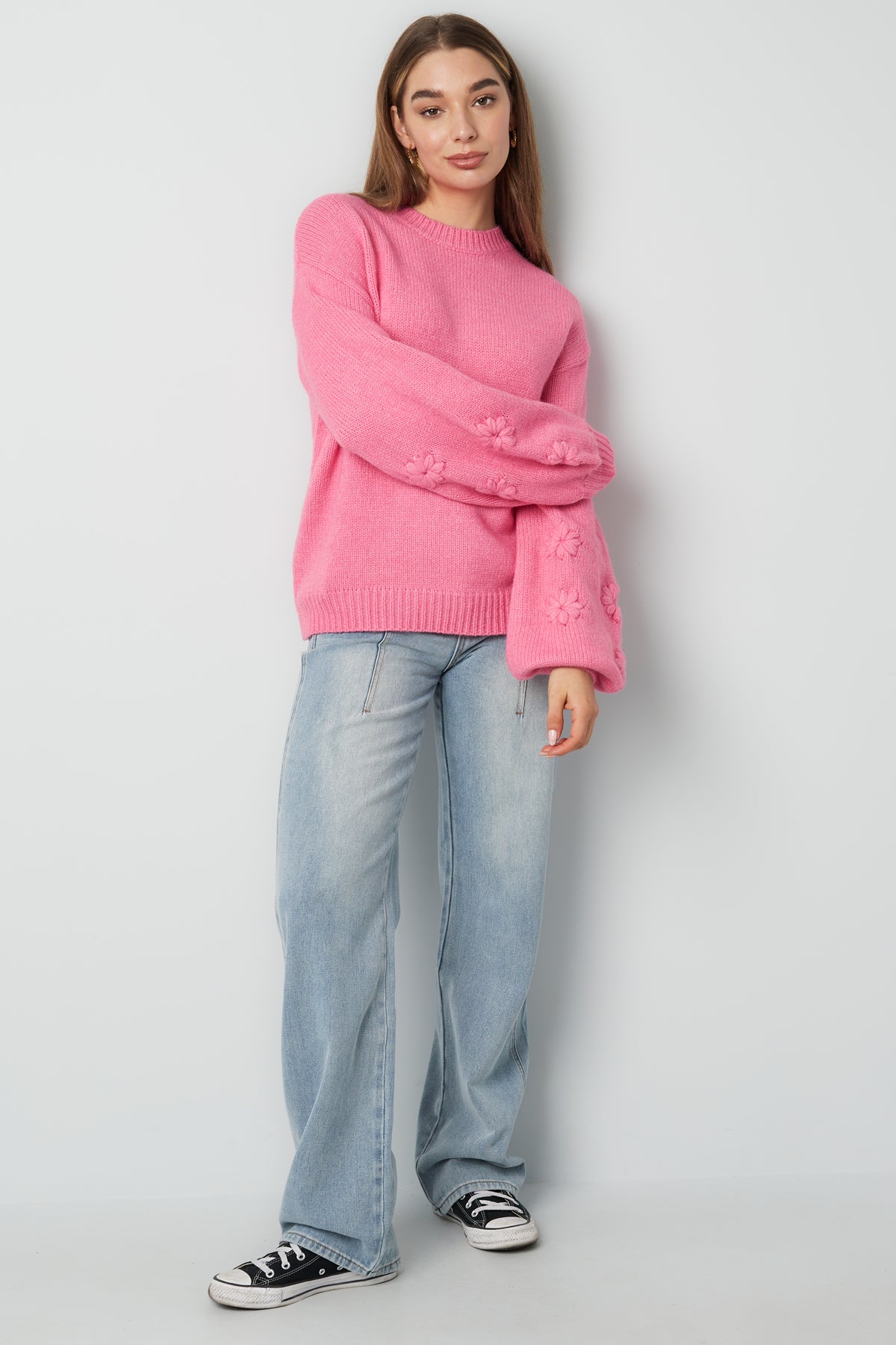 Knitted Wool Blend Women's Oversized Sweater Floral Applique