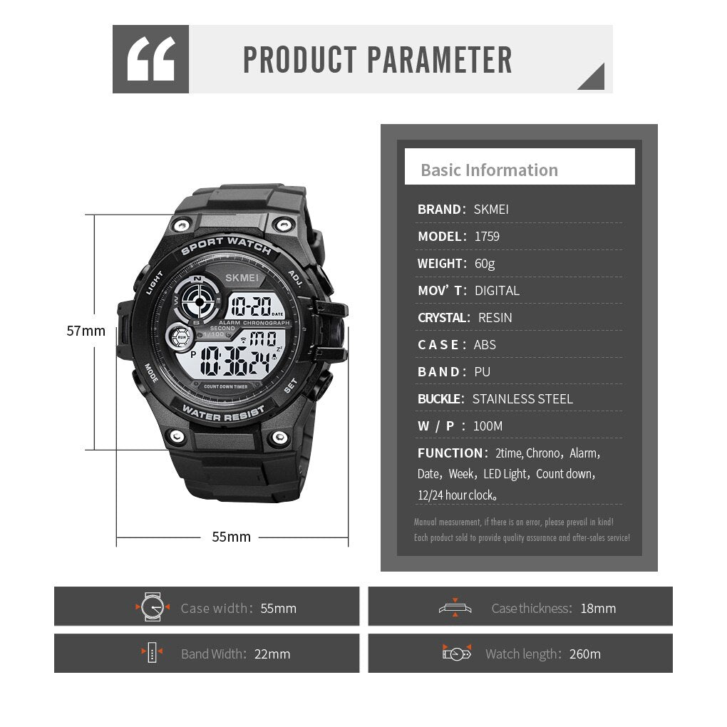 SKMEI 1759 2021 New Sport Watches 100M Waterproof Digital Watch Fashion Countdown Chrono Clock Men Casual LED Display Hour Reloj Hombe