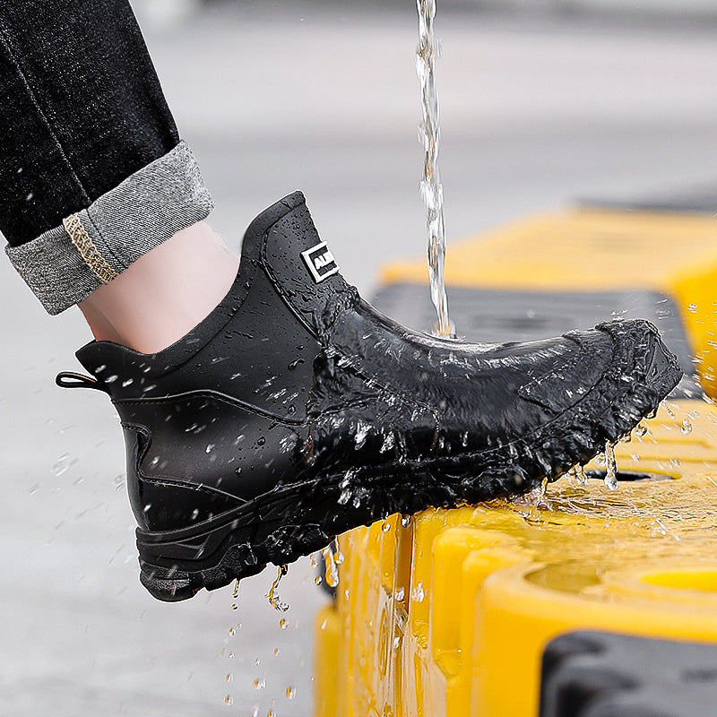 Urban Men's Short-Cuff Black Rain Boots, Waterproof and Slip-Resistant Water Shoes, Khaki Rubber Boots for City Outdoor Use