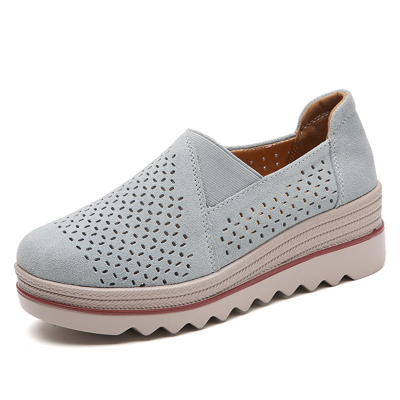 Leather Loafer Women's Single Shoes Platform Heel Shallow Mouth Soft Sole Mother Wedge Rocking Casual Shoes