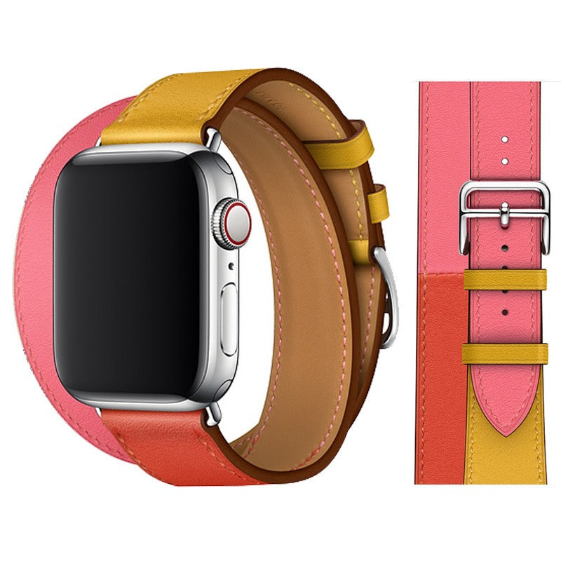Suitable For Apple Iwatch8 Two-Color Double Loop Leather Strap Apple Watch 7 Contrast Leather Extended Wrist Strap