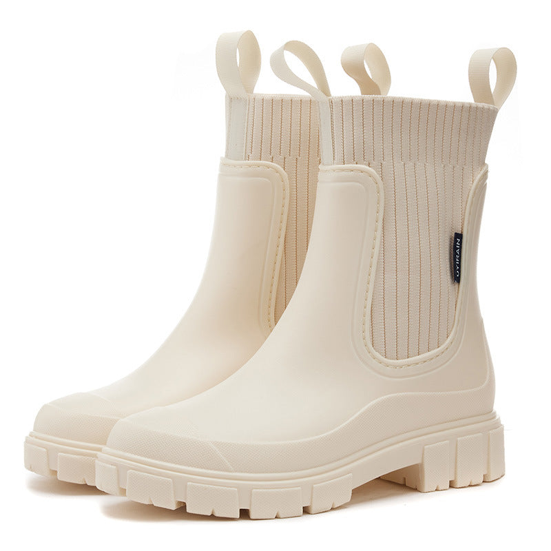 Elastic Waist Women's Mid-Calf Rain Boots, Durable Heeled Waterproof Non-Slip Outdoor Wearable Mid-Calf Boots for Rainy Weather