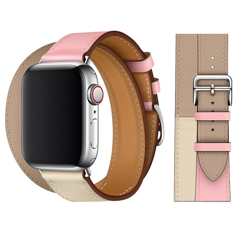 Suitable For Apple Iwatch8 Two-Color Double Loop Leather Strap Apple Watch 7 Contrast Leather Extended Wrist Strap
