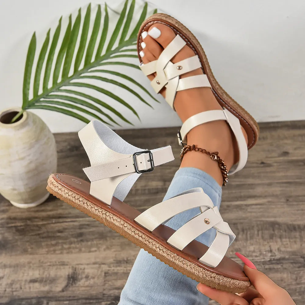 Roman style woven thick soled sandals for women with cross straps and beach sandals