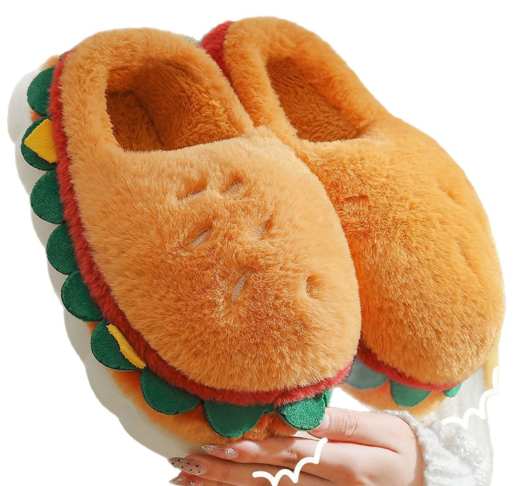 Cartoon Hamburger Cotton Shoes Women Winter New Cute Outdoor Wear Warm Home Slip-Resistant Fleece-Lined Thick Soft Sole Cotton Slippers