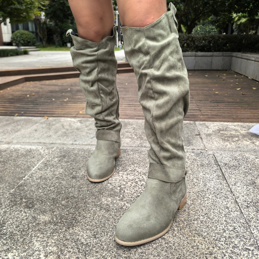 Low heeled side zipper oversized suede high top women's boots