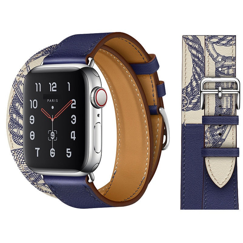 Suitable For Apple Iwatch8 Two-Color Double Loop Leather Strap Apple Watch 7 Contrast Leather Extended Wrist Strap
