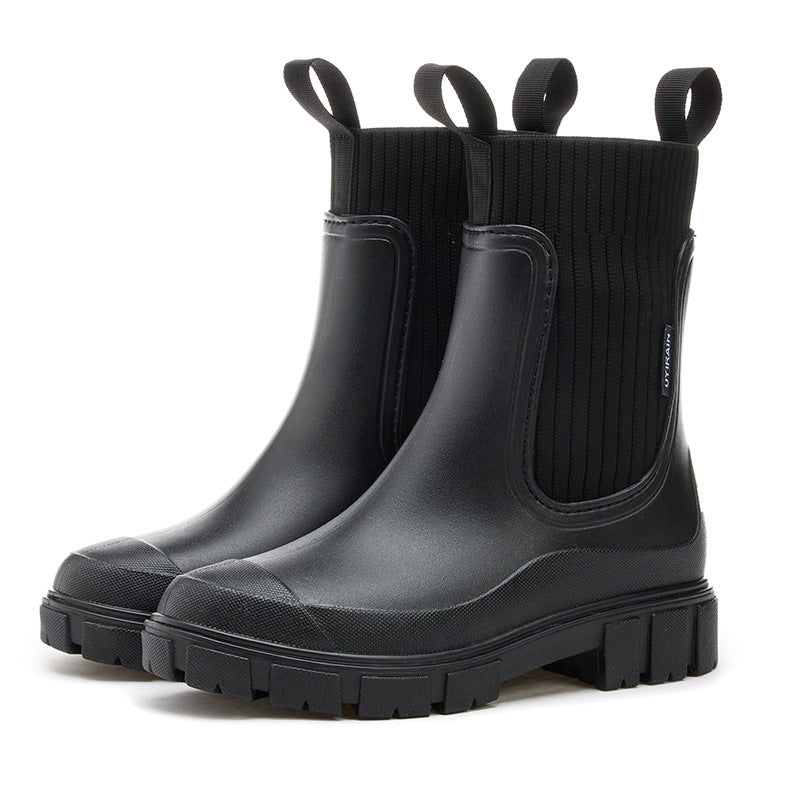 Elastic Waist Women's Mid-Calf Rain Boots, Durable Heeled Waterproof Non-Slip Outdoor Wearable Mid-Calf Boots for Rainy Weather
