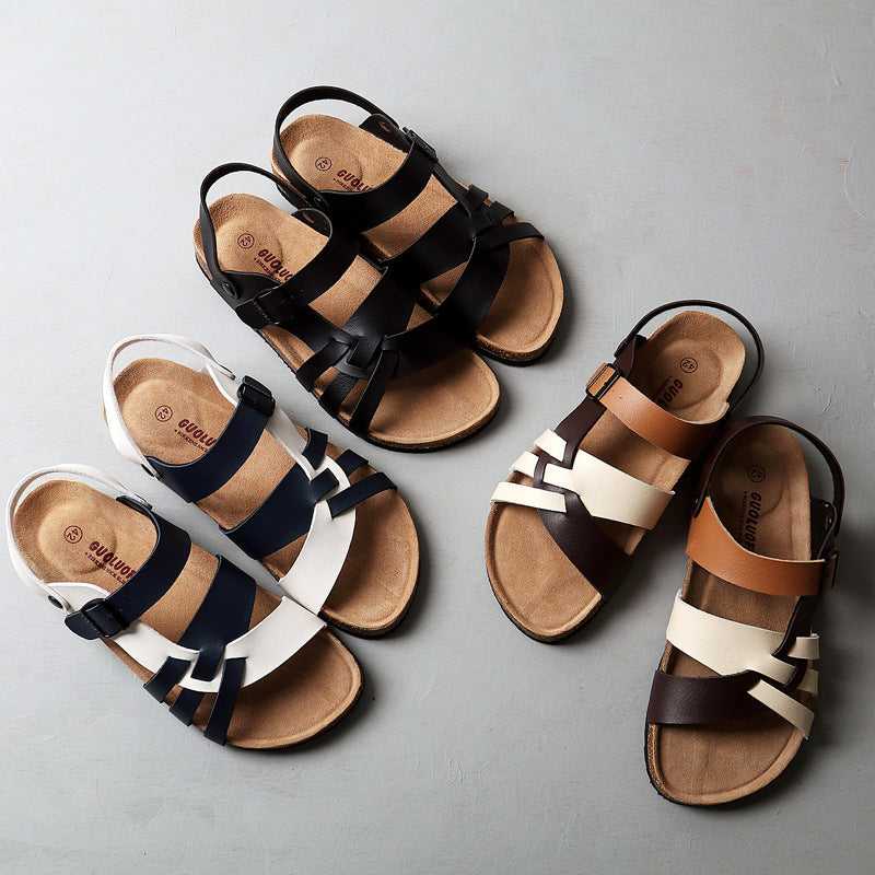 Cork Sandals Men Hollow Two-Way Men Summer Large Size Flat Sandals Beach Shoes