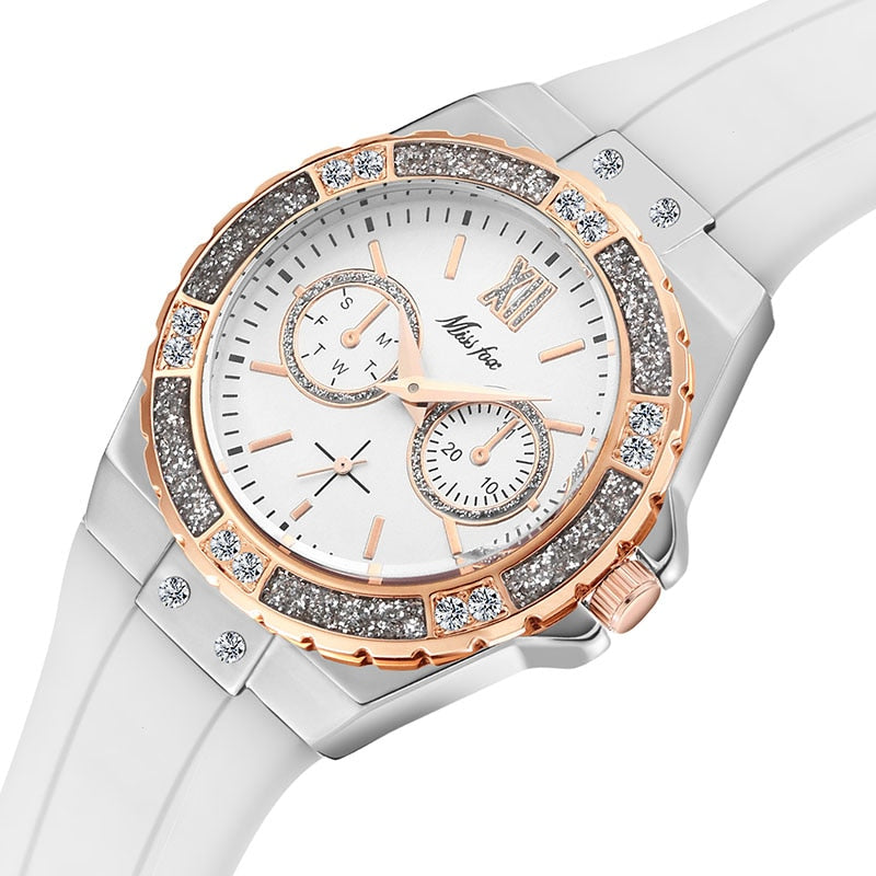MISSFOX  2593 Women's Watches Chronograph Rose Gold Sport Watch Ladies Diamond Blue Rubber Band Xfcs Analog Female Quartz Wristwatch