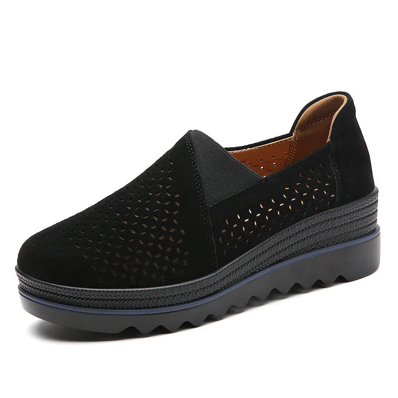 Leather Loafer Women's Single Shoes Platform Heel Shallow Mouth Soft Sole Mother Wedge Rocking Casual Shoes