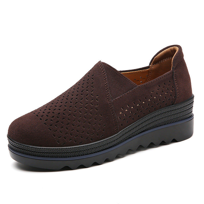 Leather Loafer Women's Single Shoes Platform Heel Shallow Mouth Soft Sole Mother Wedge Rocking Casual Shoes