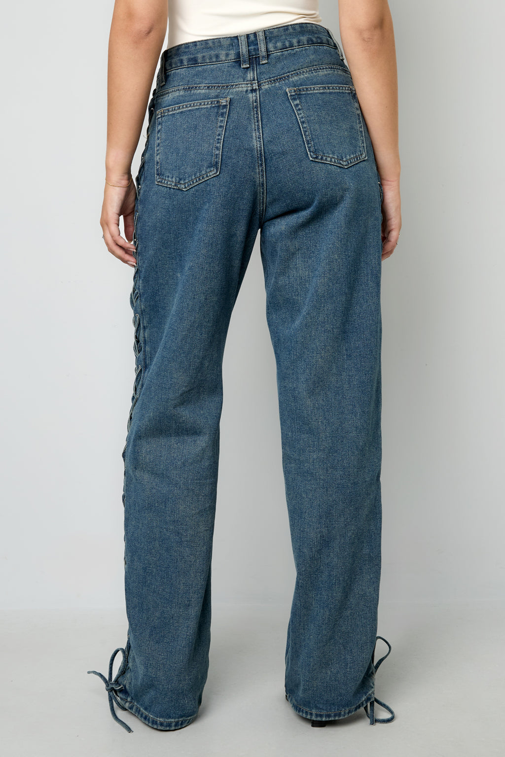 Woven Cotton Women's Straight Leg Pants Tie-up Casual