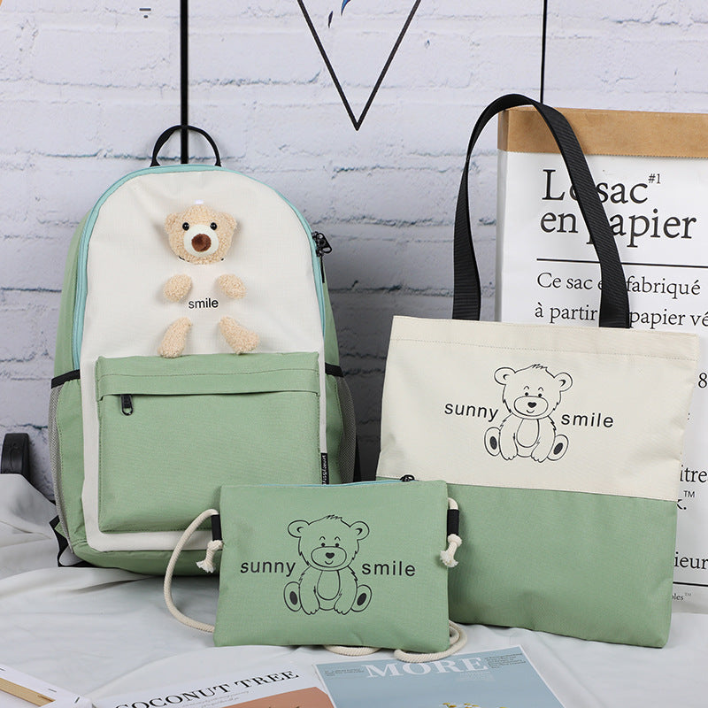 College style backpack bear backpack Girls high school student schoolbag three piece set