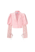 Cotton Blend Women's Blazer Puff Sleeve Lace Insert