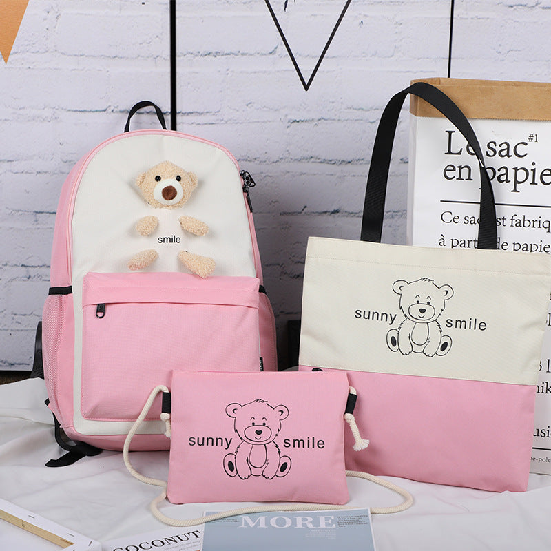 College style backpack bear backpack Girls high school student schoolbag three piece set