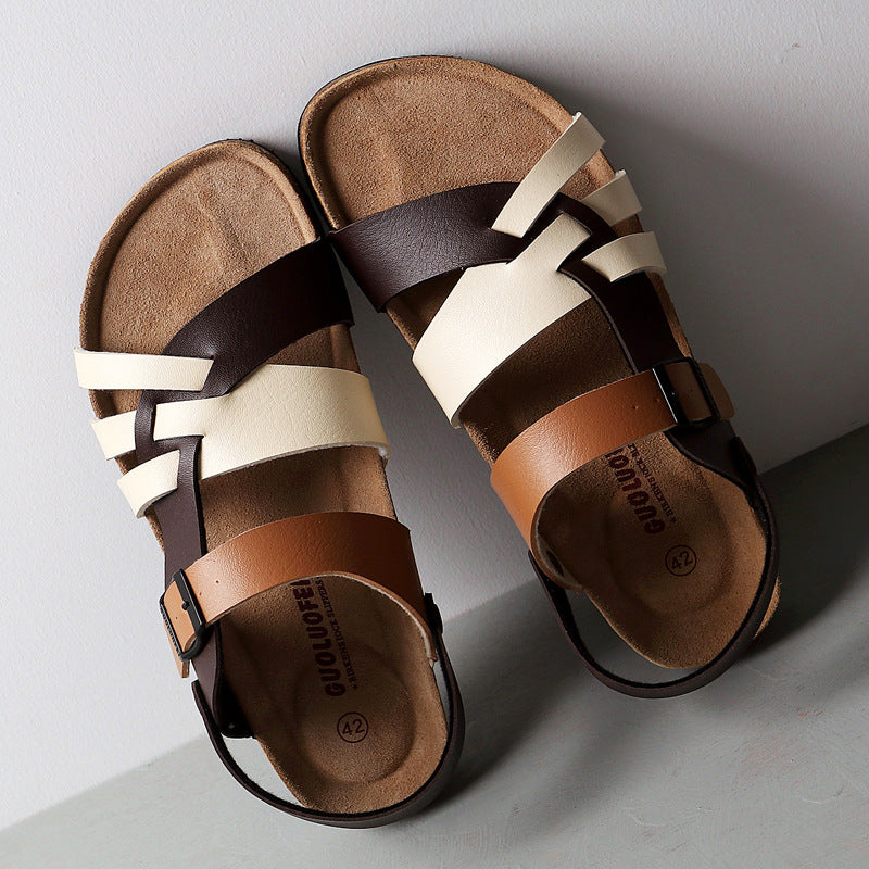 Cork Sandals Men Hollow Two-Way Men Summer Large Size Flat Sandals Beach Shoes