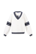 Knitted Polyester Fiber Women's V-Neck Sweater Sporty Contrast Stripes