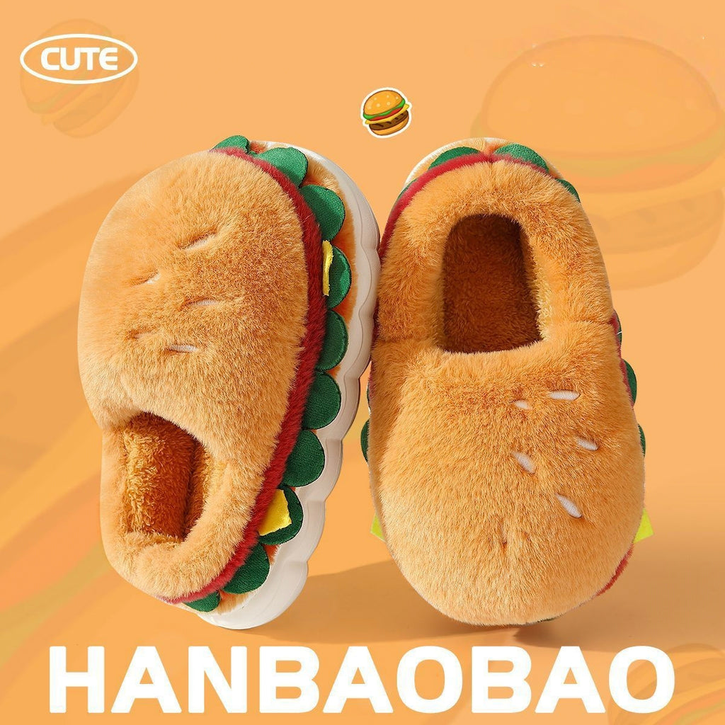 Cartoon Hamburger Cotton Shoes Women Winter New Cute Outdoor Wear Warm Home Slip-Resistant Fleece-Lined Thick Soft Sole Cotton Slippers