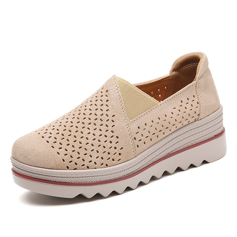 Leather Loafer Women's Single Shoes Platform Heel Shallow Mouth Soft Sole Mother Wedge Rocking Casual Shoes