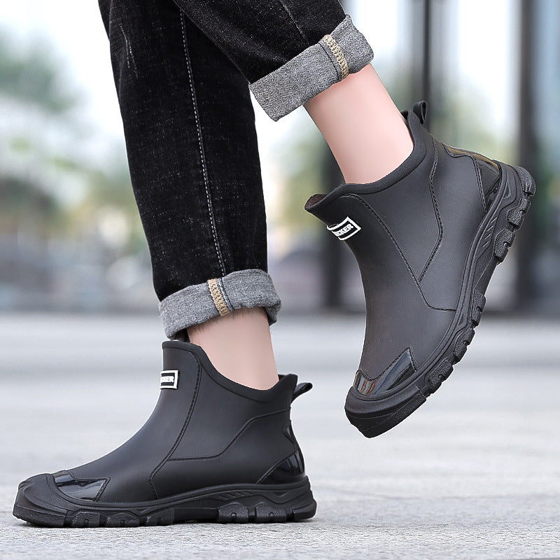 Urban Men's Short-Cuff Black Rain Boots, Waterproof and Slip-Resistant Water Shoes, Khaki Rubber Boots for City Outdoor Use