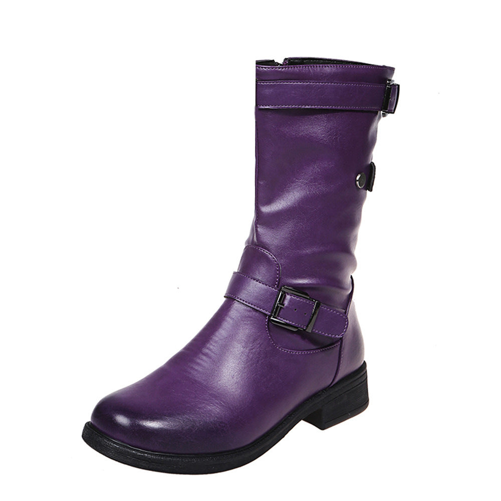 Low heeled leather belt buckle women's boots women's leather boots