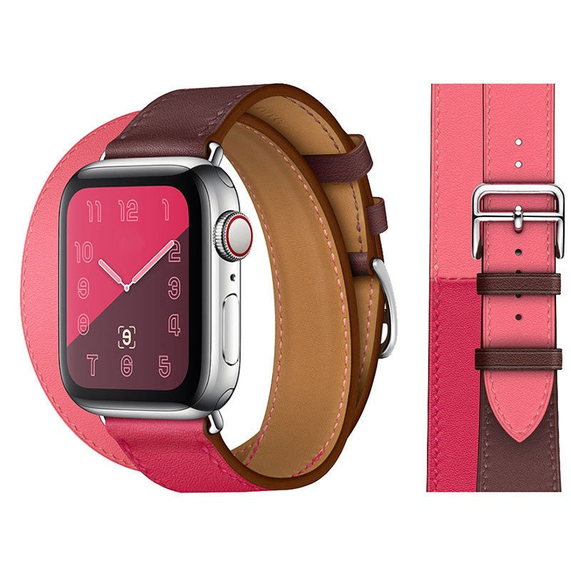 Suitable For Apple Iwatch8 Two-Color Double Loop Leather Strap Apple Watch 7 Contrast Leather Extended Wrist Strap
