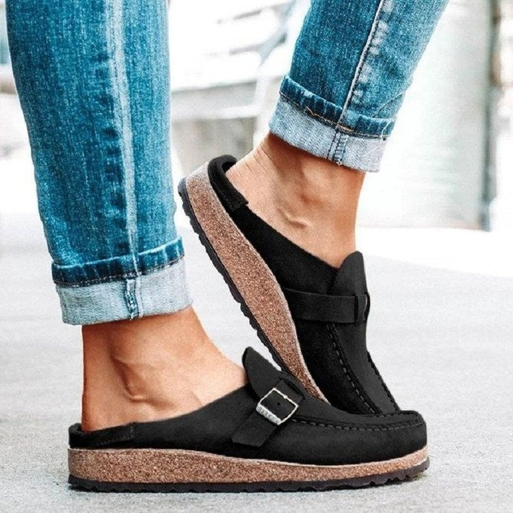 Women's Slippers with Round Toe, Low Heel, Casual Half-Heeled Slip-On, Solid Color, Size 43, Large Size