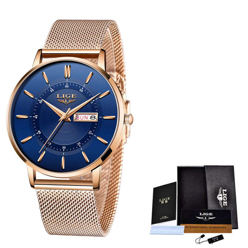 LIGE Liger Quartz Men's Watch Dual Calendar Movement Waterproof Watch Belt Watch