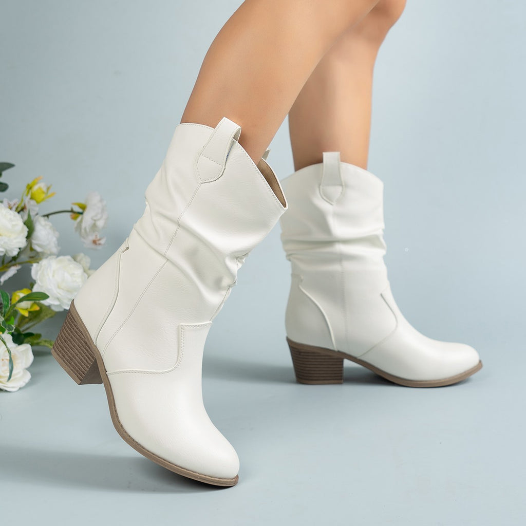 Middle heel pleated high heel round head middle tube stacked boots