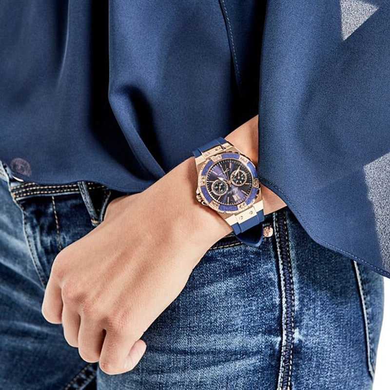 MISSFOX  2593 Women's Watches Chronograph Rose Gold Sport Watch Ladies Diamond Blue Rubber Band Xfcs Analog Female Quartz Wristwatch