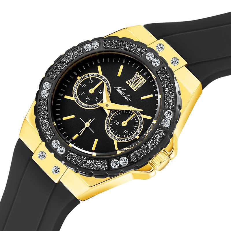 MISSFOX  2593 Women's Watches Chronograph Rose Gold Sport Watch Ladies Diamond Blue Rubber Band Xfcs Analog Female Quartz Wristwatch