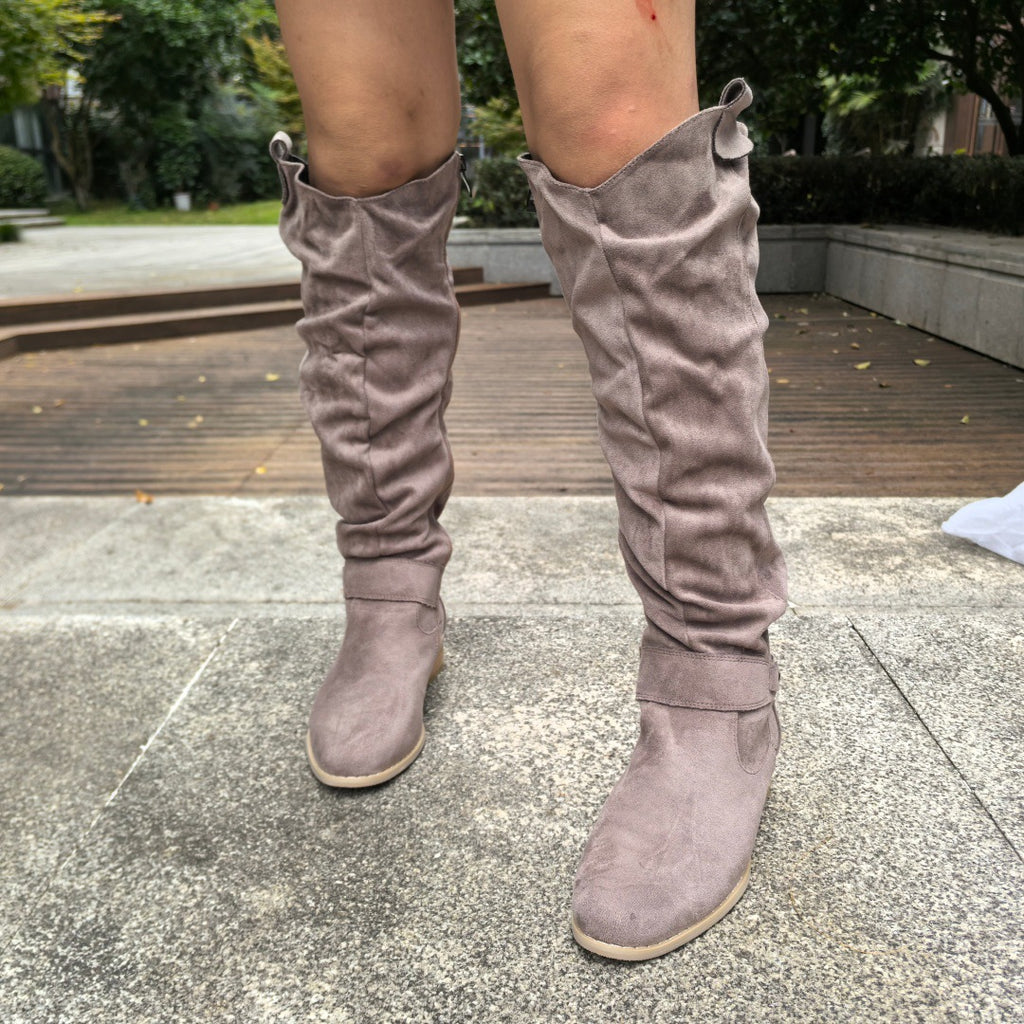 Low heeled side zipper oversized suede high top women's boots