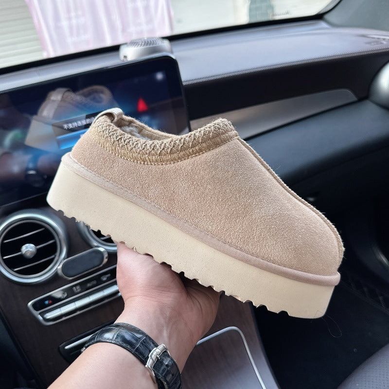 Ethnic Style Woven Chunky Sole Snow Boots for Women, Inner Heel Lift, Faux Fur Lined Cotton Boots, Slip-On, Cowhide Wool Lined, Warm, Anti-Slip
