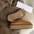 Ethnic Style Woven Chunky Sole Snow Boots for Women, Inner Heel Lift, Faux Fur Lined Cotton Boots, Slip-On, Cowhide Wool Lined, Warm, Anti-Slip