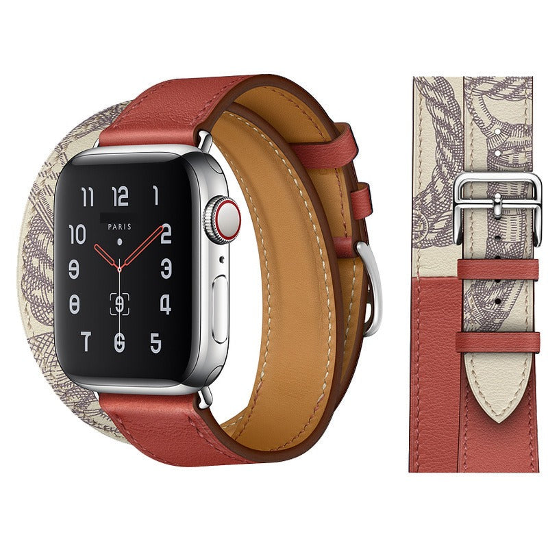 Suitable For Apple Iwatch8 Two-Color Double Loop Leather Strap Apple Watch 7 Contrast Leather Extended Wrist Strap