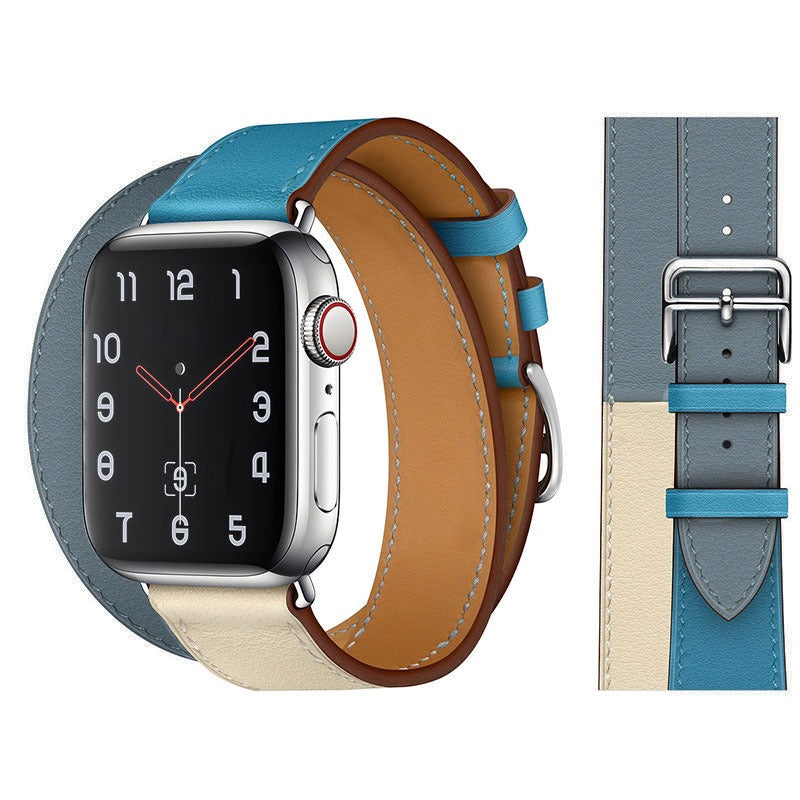 Suitable For Apple Iwatch8 Two-Color Double Loop Leather Strap Apple Watch 7 Contrast Leather Extended Wrist Strap