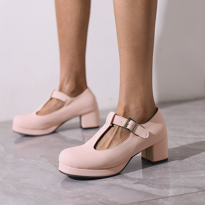 Waterproof platform thick heel T-shaped candy colored women's single shoes