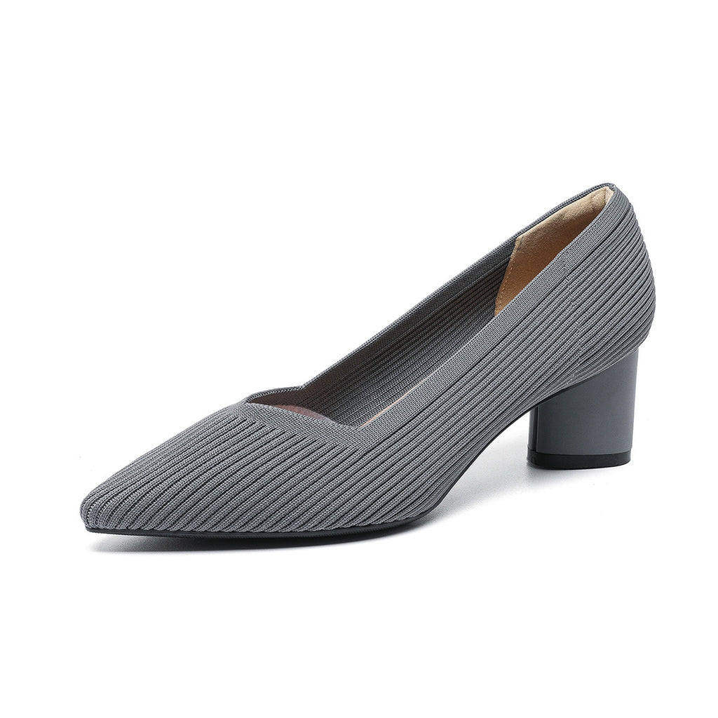 High heels for women thick heel pointed V-neck straight stripe solid color
