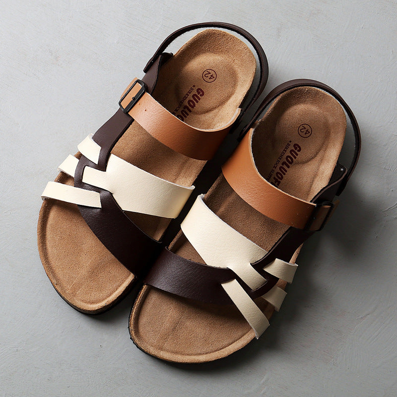Cork Sandals Men Hollow Two-Way Men Summer Large Size Flat Sandals Beach Shoes