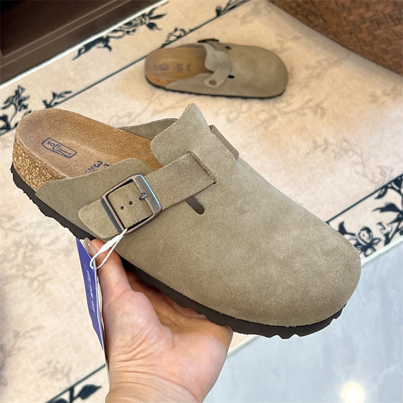 Boken shoes genuine leather with cork and increased height thick soled slippers