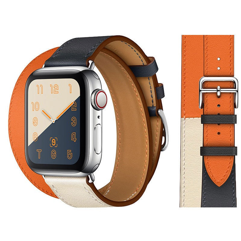 Suitable For Apple Iwatch8 Two-Color Double Loop Leather Strap Apple Watch 7 Contrast Leather Extended Wrist Strap