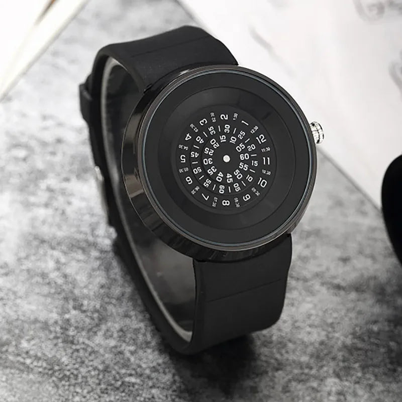 Unique Turntable Black Quartz Wristwatch Men Creative Time Code Watch Waterproof Design Light Sort Cool 3D Scale Fashion Watches