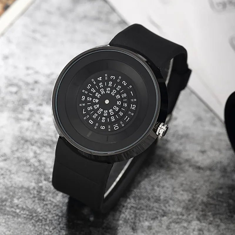 Unique Turntable Black Quartz Wristwatch Men Creative Time Code Watch Waterproof Design Light Sort Cool 3D Scale Fashion Watches