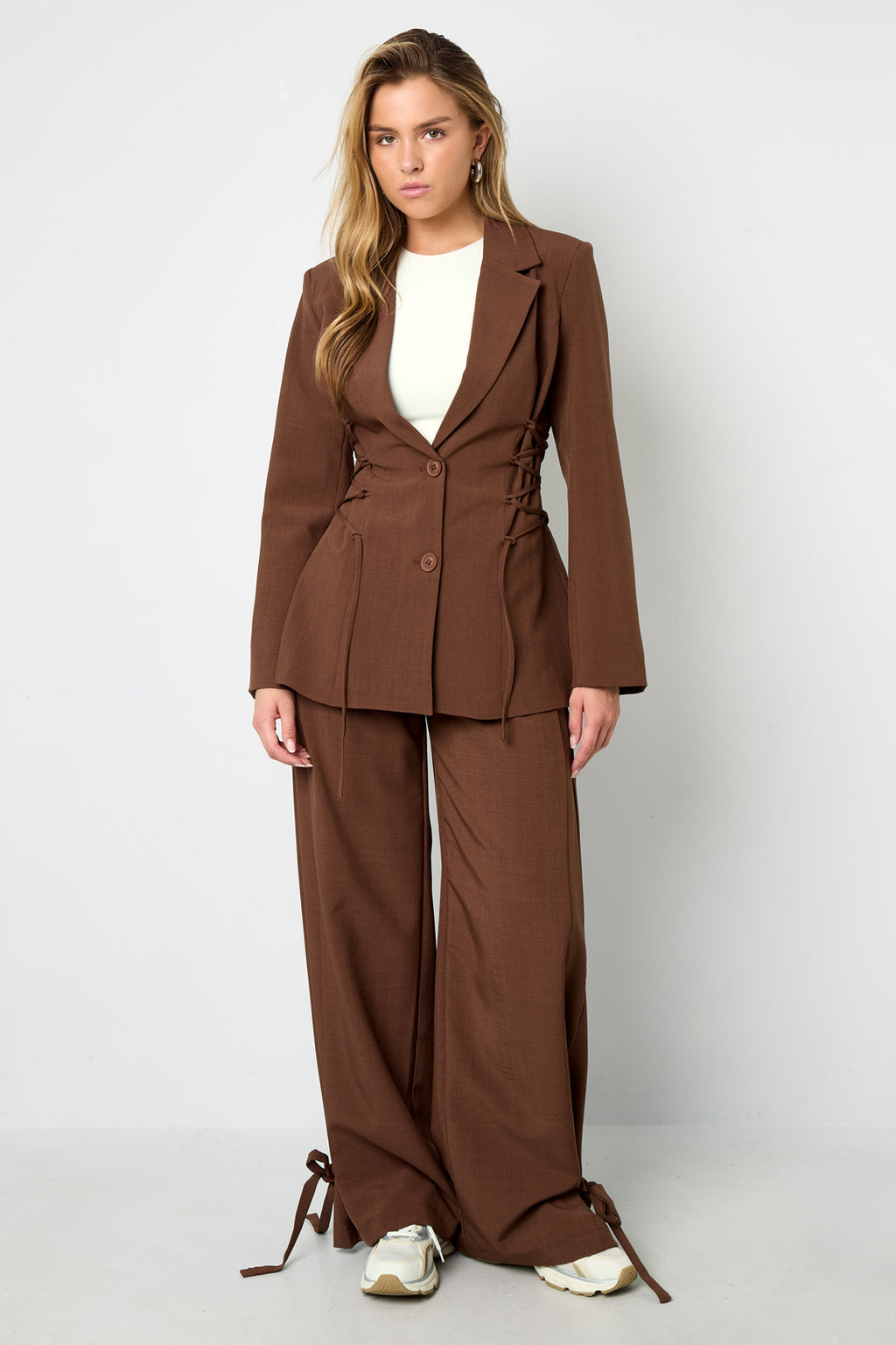 Woven Polyester Fiber Women's Straight Pants Casual Tie-up