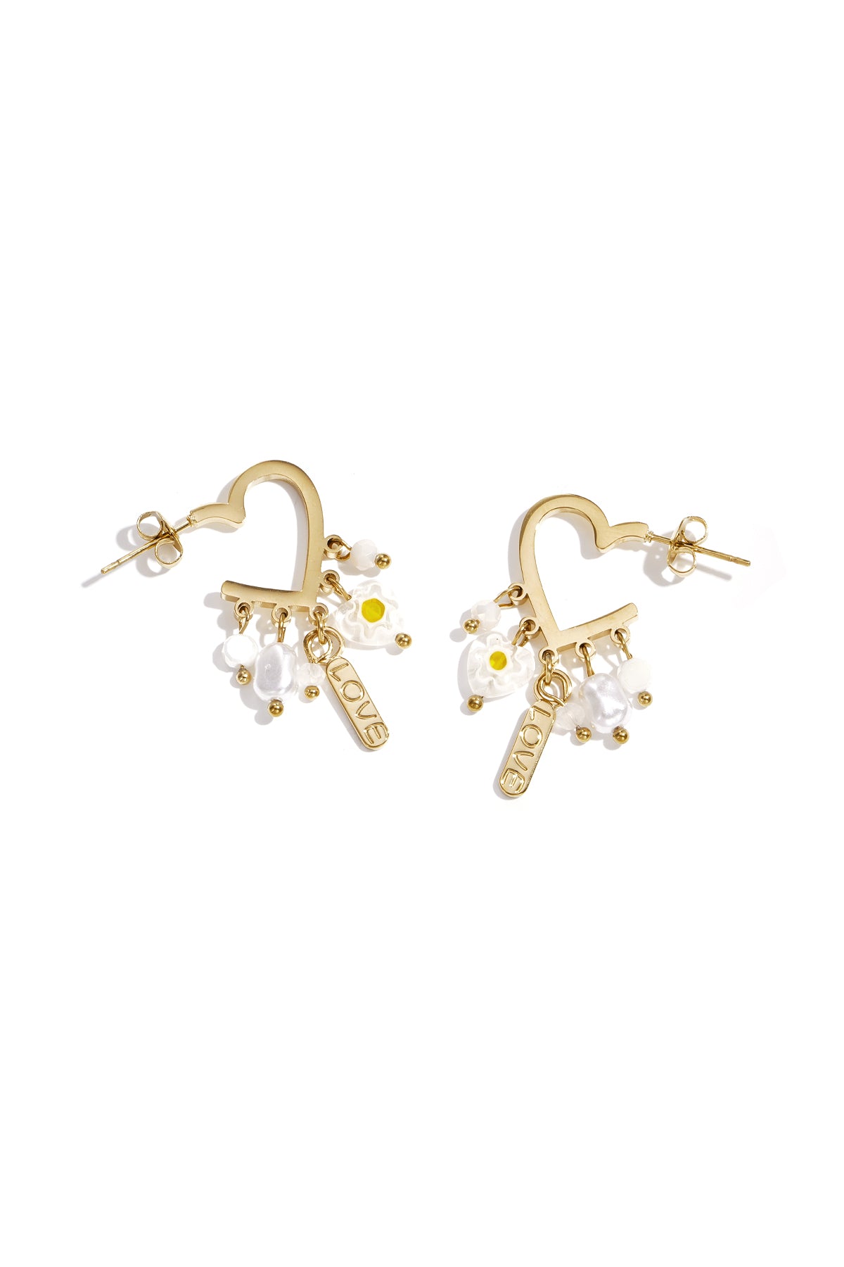 Heart-shaped earrings with hanging beads and charms